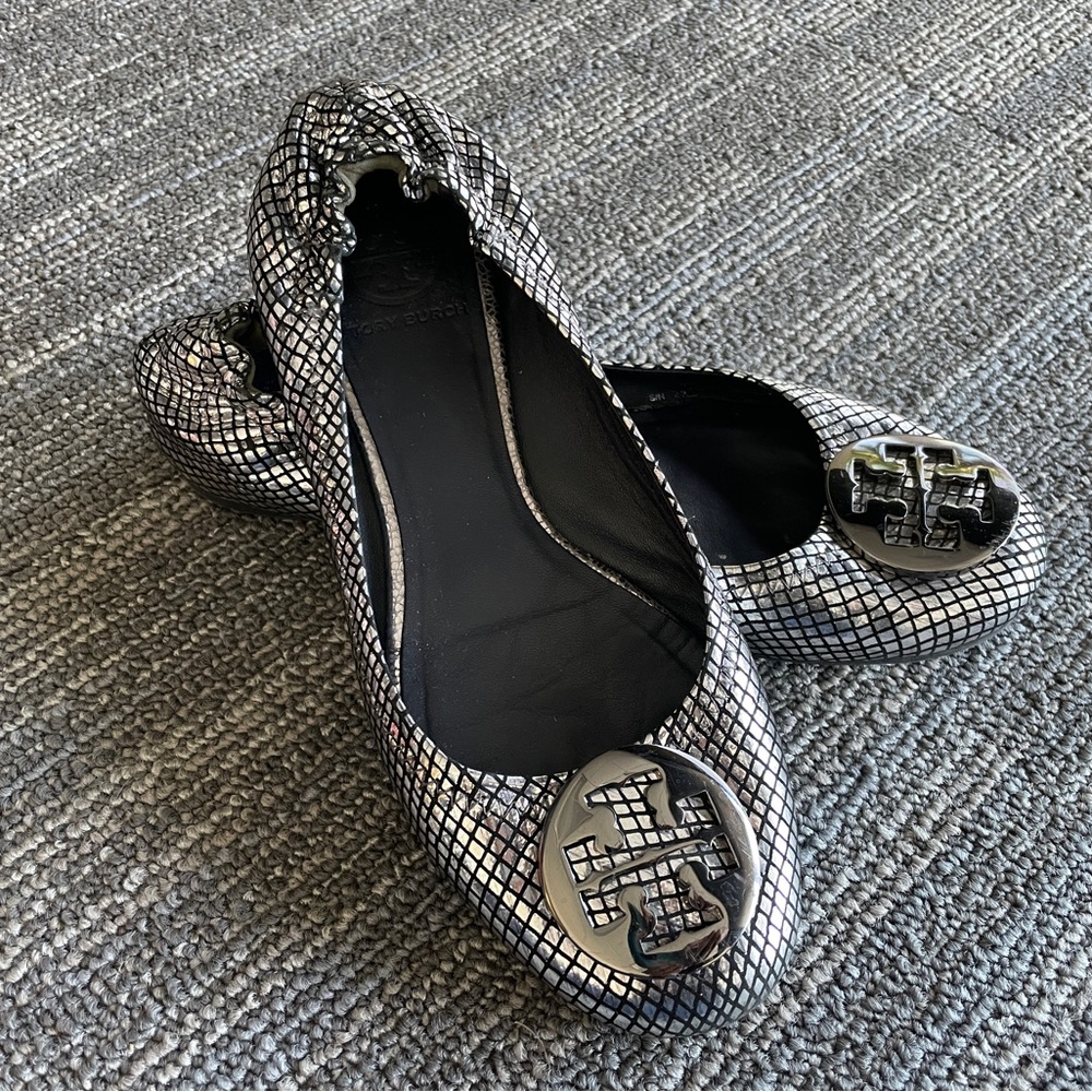 Silver Black Metallic Tory Burch Ballet Flats Size 8